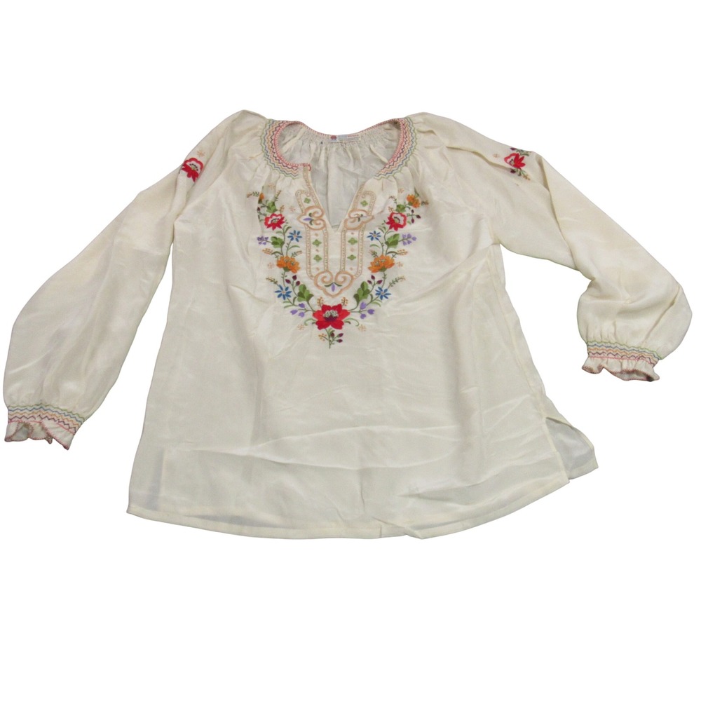 Peony Vintage 100% Silk Hand Embroidered Floral Peasant Blouse Ivory Cream Sz 44